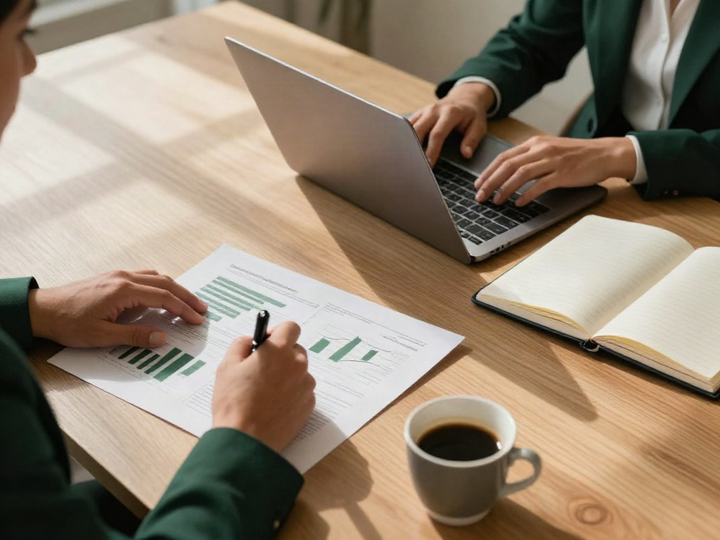 A close-up of consultants reviewing business analytics and planning next steps