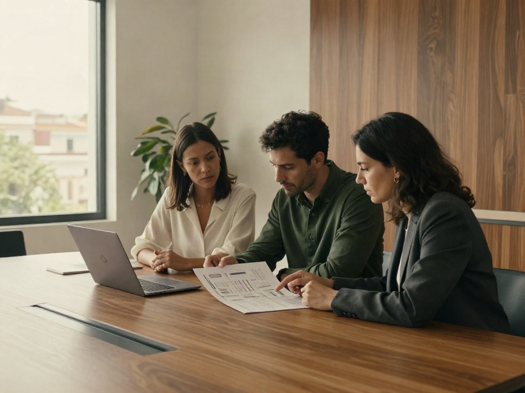 Consultants collaborating on a business strategy around a sunlit conference table